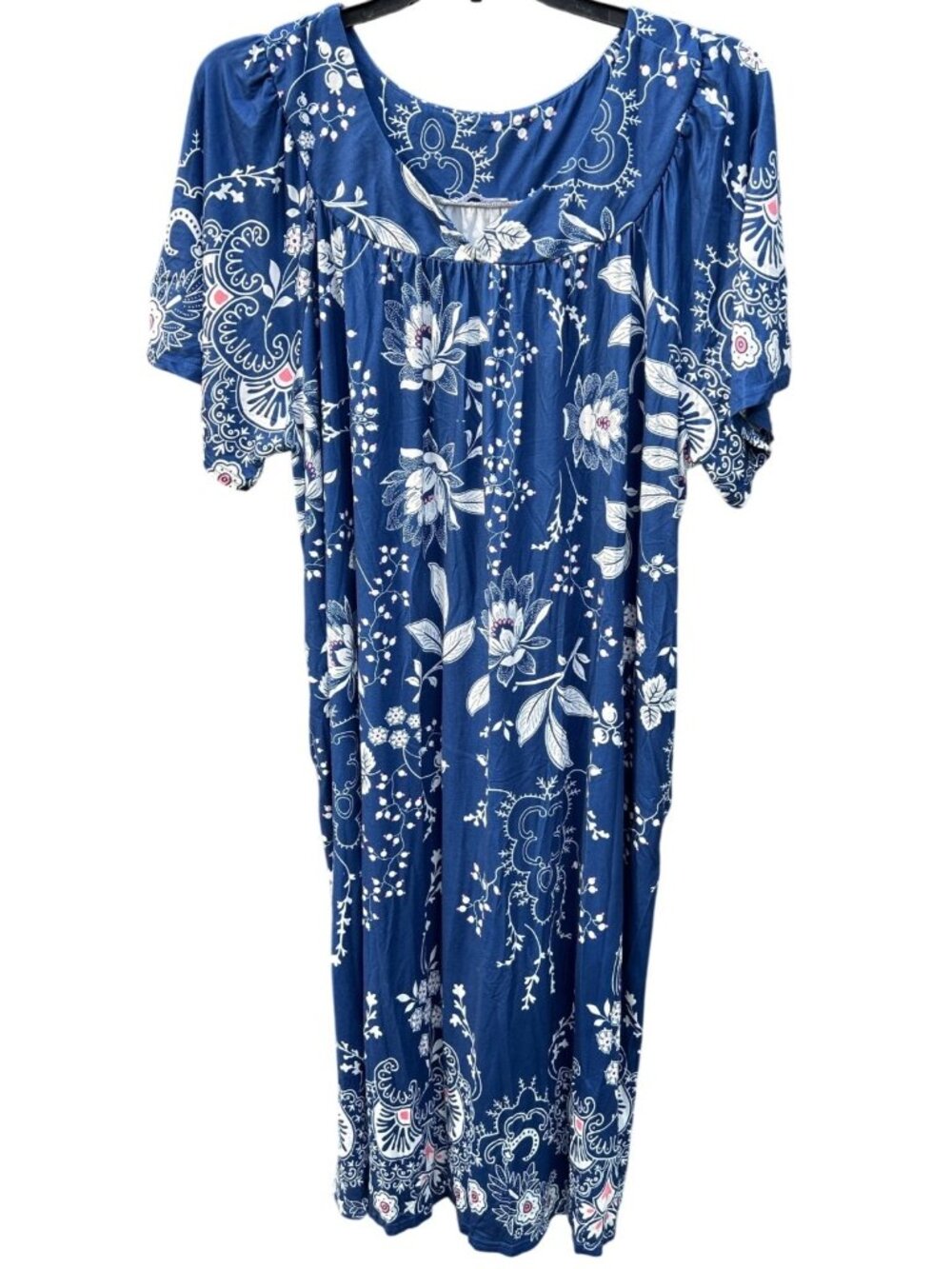 Ekouaer Womens Size XXXL Floral Print Navy Blue House Dress Moomoo Side Pockets